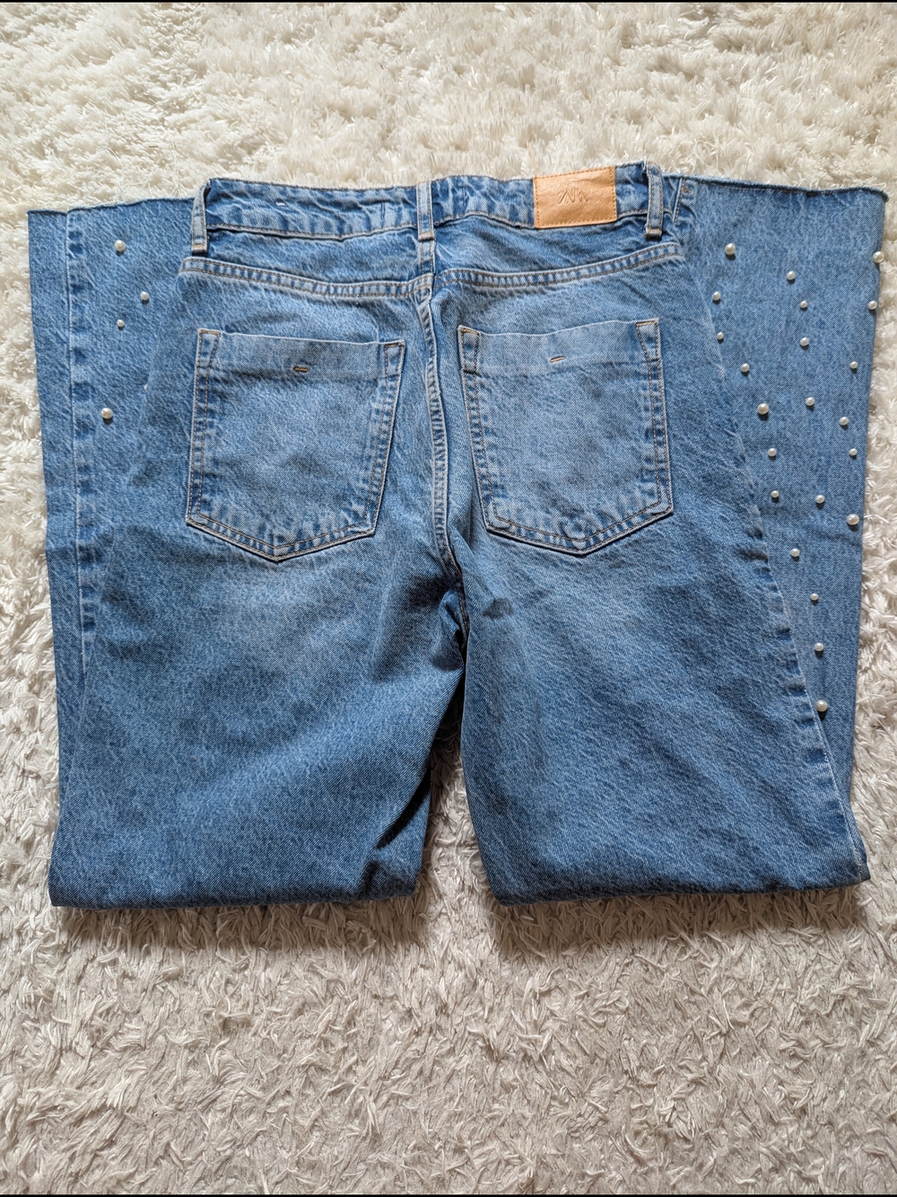 Zara High Waist Blue Pearl-Studded Straight Leg Jeans - Picture 7 of 9